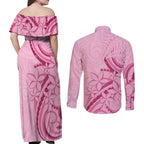 Aotearoa Maori Couples Matching Off Shoulder Maxi Dress and Long Sleeve Button Shirt Pink Fern Ribbons - Aussie Hoodie