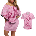 Aotearoa Maori Couples Matching Off Shoulder Short Dress and Hawaiian Shirt Pink Fern Ribbons - Aussie Hoodie