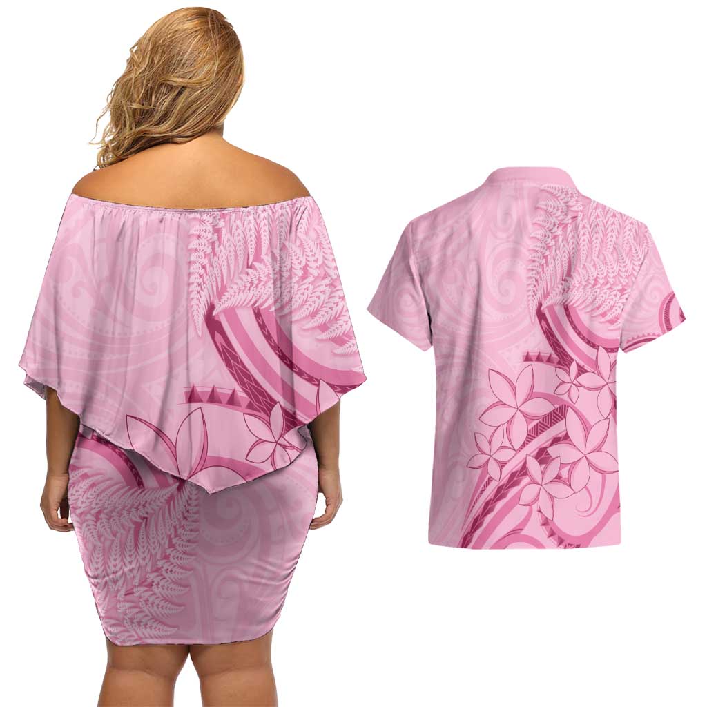 Aotearoa Maori Couples Matching Off Shoulder Short Dress and Hawaiian Shirt Pink Fern Ribbons - Aussie Hoodie
