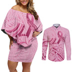 Aotearoa Maori Couples Matching Off Shoulder Short Dress and Long Sleeve Button Shirt Pink Fern Ribbons - Aussie Hoodie