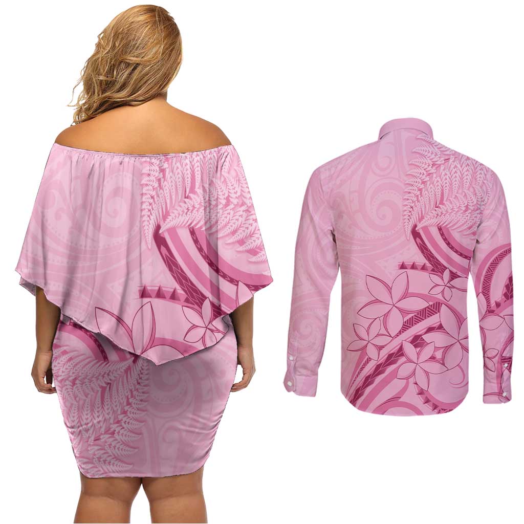 Aotearoa Maori Couples Matching Off Shoulder Short Dress and Long Sleeve Button Shirt Pink Fern Ribbons - Aussie Hoodie