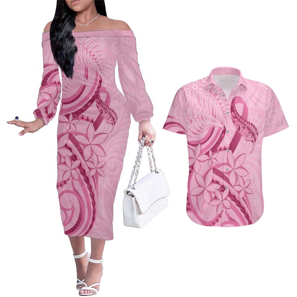 Aotearoa Maori Couples Matching Off The Shoulder Long Sleeve Dress and Hawaiian Shirt Pink Fern Ribbons - Aussie Hoodie