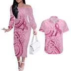 Aotearoa Maori Couples Matching Off The Shoulder Long Sleeve Dress and Hawaiian Shirt Pink Fern Ribbons - Aussie Hoodie