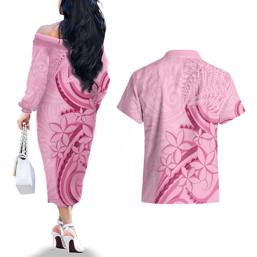 Aotearoa Maori Couples Matching Off The Shoulder Long Sleeve Dress and Hawaiian Shirt Pink Fern Ribbons - Aussie Hoodie