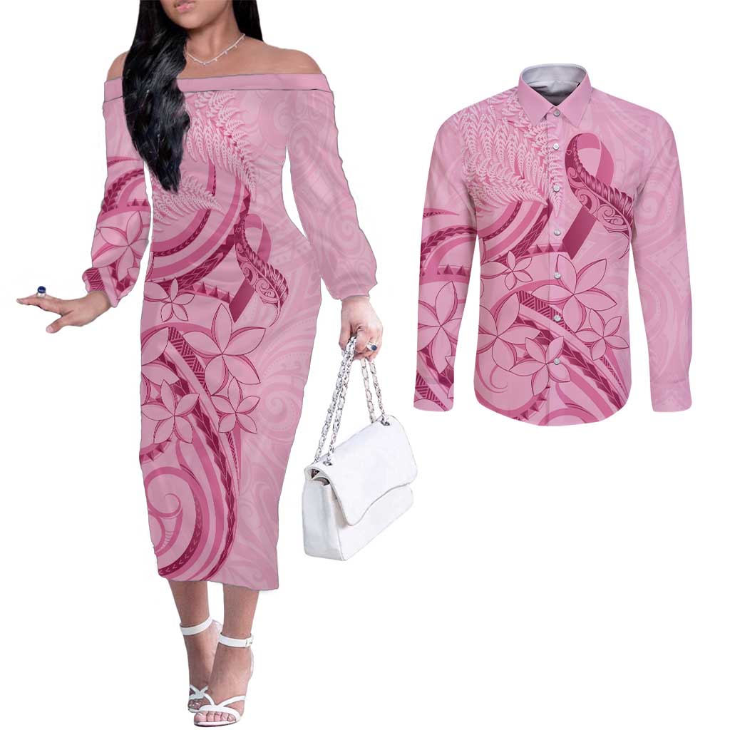Aotearoa Maori Couples Matching Off The Shoulder Long Sleeve Dress and Long Sleeve Button Shirt Pink Fern Ribbons - Aussie Hoodie