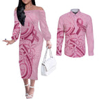 Aotearoa Maori Couples Matching Off The Shoulder Long Sleeve Dress and Long Sleeve Button Shirt Pink Fern Ribbons - Aussie Hoodie