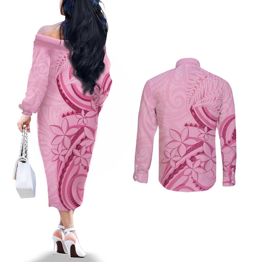 Aotearoa Maori Couples Matching Off The Shoulder Long Sleeve Dress and Long Sleeve Button Shirt Pink Fern Ribbons - Aussie Hoodie