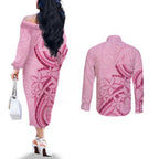 Aotearoa Maori Couples Matching Off The Shoulder Long Sleeve Dress and Long Sleeve Button Shirt Pink Fern Ribbons - Aussie Hoodie