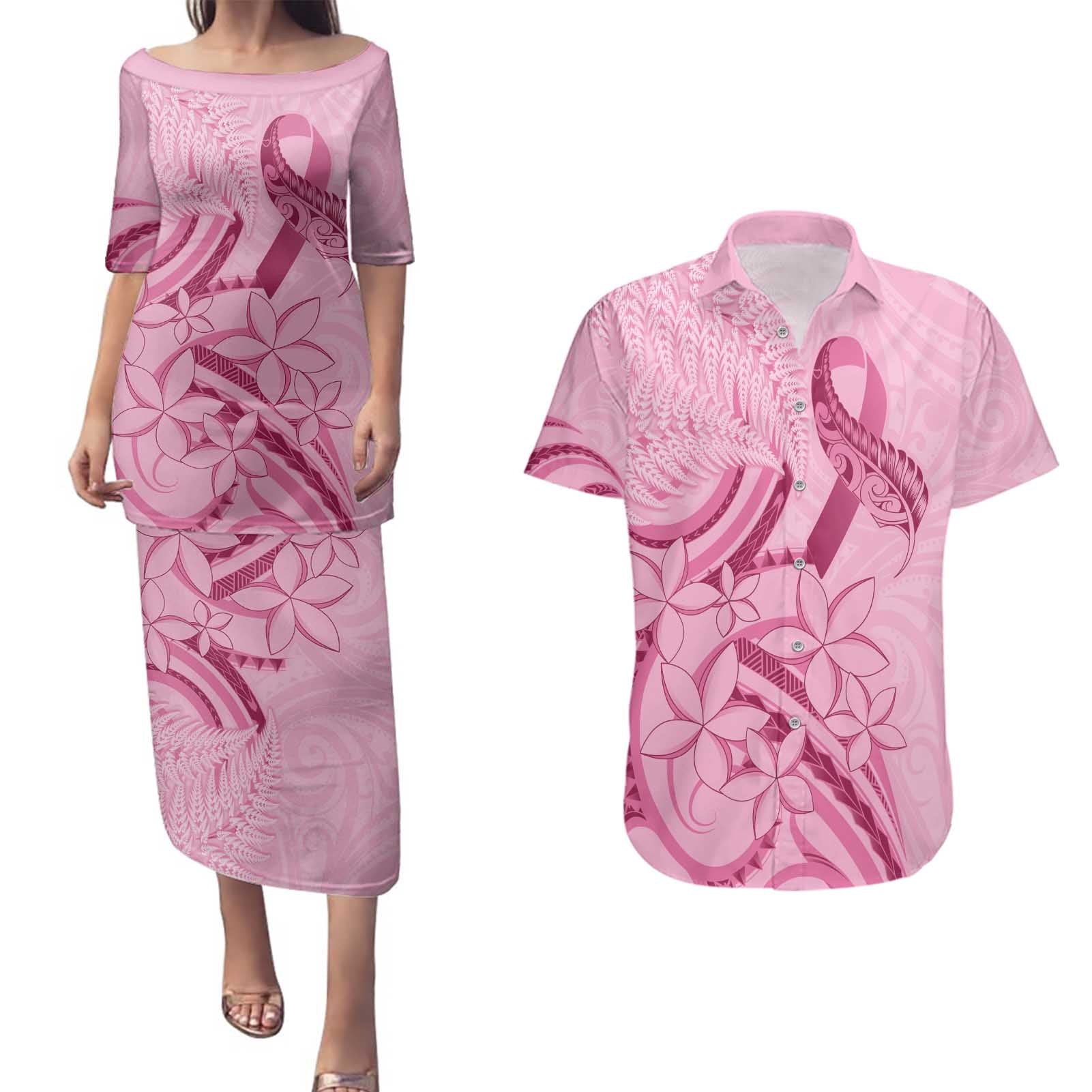 Aotearoa Maori Couples Matching Puletasi and Hawaiian Shirt Pink Fern Ribbons - Aussie Hoodie