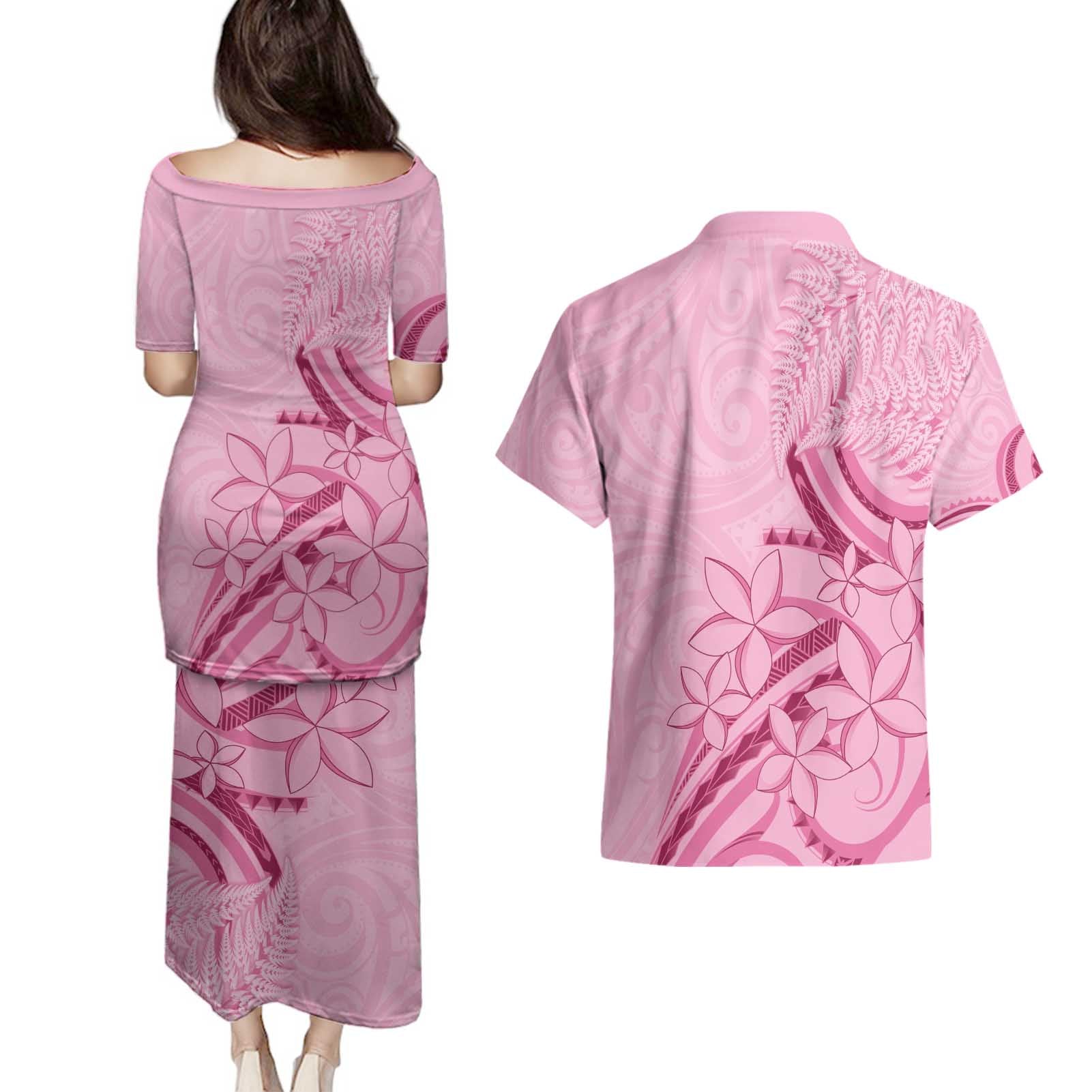 Aotearoa Maori Couples Matching Puletasi and Hawaiian Shirt Pink Fern Ribbons - Aussie Hoodie