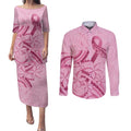 Aotearoa Maori Couples Matching Puletasi and Long Sleeve Button Shirt Pink Fern Ribbons - Aussie Hoodie