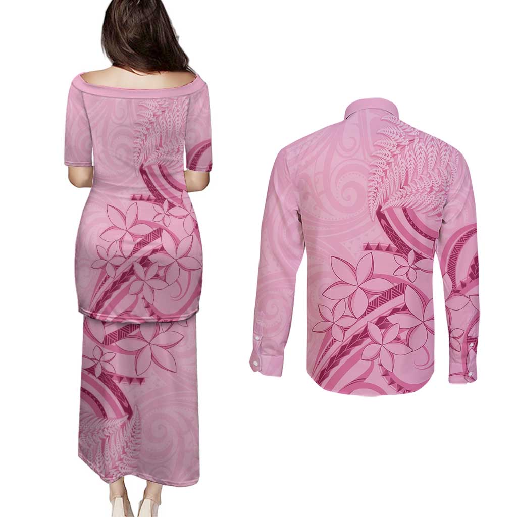 Aotearoa Maori Couples Matching Puletasi and Long Sleeve Button Shirt Pink Fern Ribbons - Aussie Hoodie