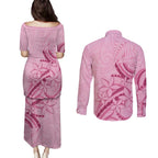 Aotearoa Maori Couples Matching Puletasi and Long Sleeve Button Shirt Pink Fern Ribbons - Aussie Hoodie