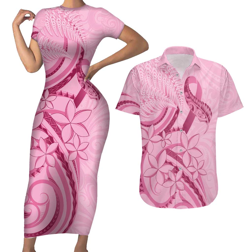 Aotearoa Maori Couples Matching Short Sleeve Bodycon Dress and Hawaiian Shirt Pink Fern Ribbons - Aussie Hoodie