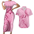 Aotearoa Maori Couples Matching Short Sleeve Bodycon Dress and Hawaiian Shirt Pink Fern Ribbons - Aussie Hoodie