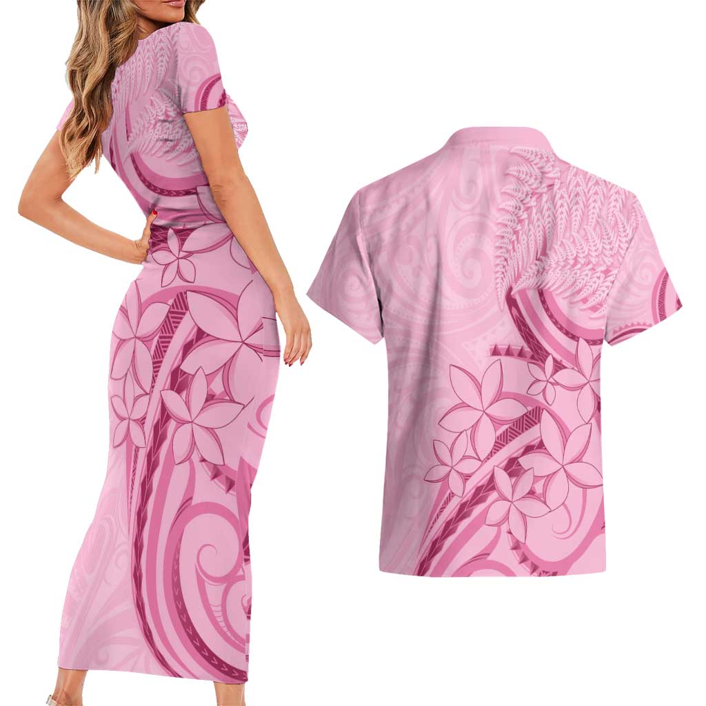 Aotearoa Maori Couples Matching Short Sleeve Bodycon Dress and Hawaiian Shirt Pink Fern Ribbons - Aussie Hoodie