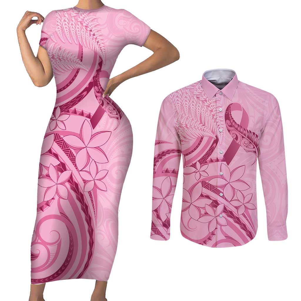 Aotearoa Maori Couples Matching Short Sleeve Bodycon Dress and Long Sleeve Button Shirt Pink Fern Ribbons - Aussie Hoodie