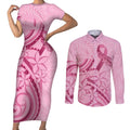 Aotearoa Maori Couples Matching Short Sleeve Bodycon Dress and Long Sleeve Button Shirt Pink Fern Ribbons - Aussie Hoodie