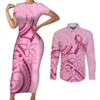 Aotearoa Maori Couples Matching Short Sleeve Bodycon Dress and Long Sleeve Button Shirt Pink Fern Ribbons - Aussie Hoodie