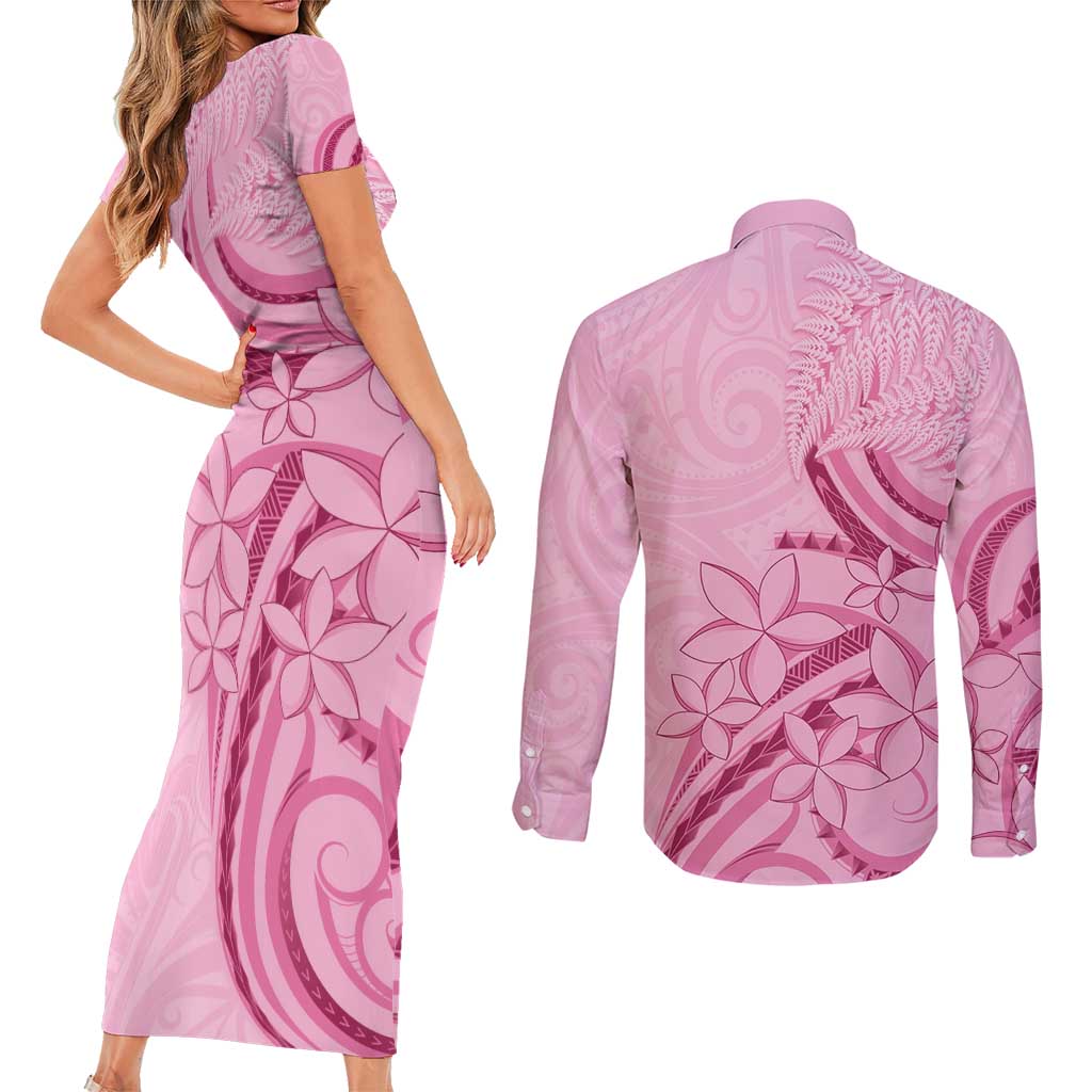 Aotearoa Maori Couples Matching Short Sleeve Bodycon Dress and Long Sleeve Button Shirt Pink Fern Ribbons - Aussie Hoodie