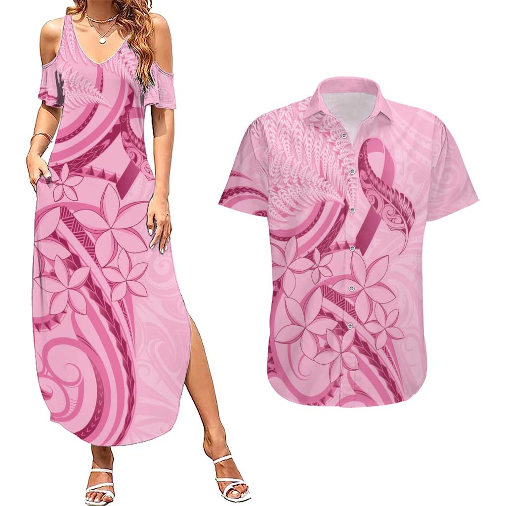 Aotearoa Maori Couples Matching Summer Maxi Dress and Hawaiian Shirt Pink Fern Ribbons - Aussie Hoodie