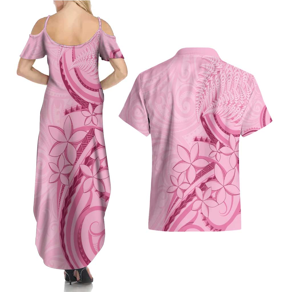 Aotearoa Maori Couples Matching Summer Maxi Dress and Hawaiian Shirt Pink Fern Ribbons - Aussie Hoodie