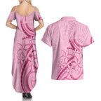 Aotearoa Maori Couples Matching Summer Maxi Dress and Hawaiian Shirt Pink Fern Ribbons - Aussie Hoodie