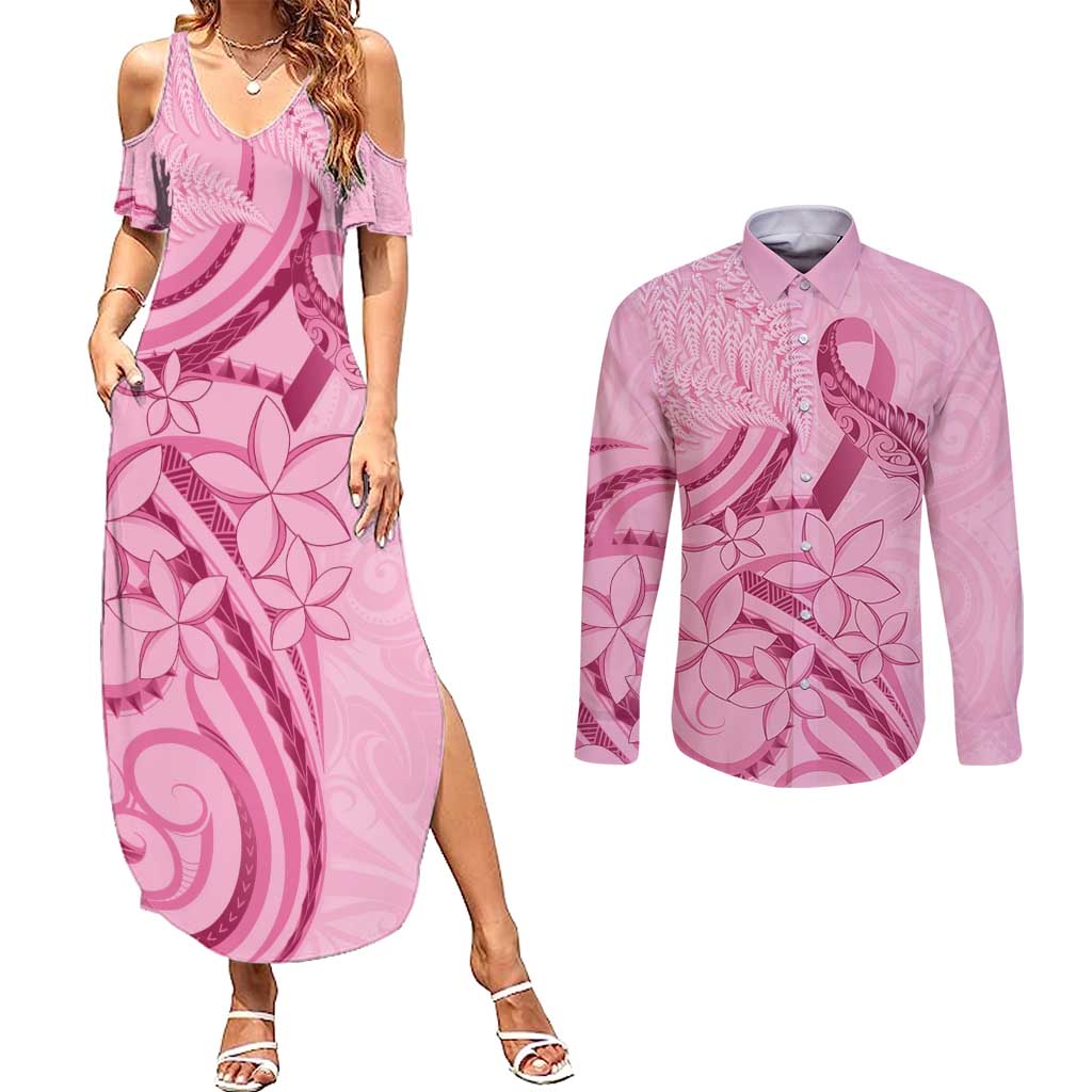 Aotearoa Maori Couples Matching Summer Maxi Dress and Long Sleeve Button Shirt Pink Fern Ribbons - Aussie Hoodie