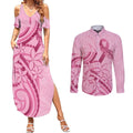 Aotearoa Maori Couples Matching Summer Maxi Dress and Long Sleeve Button Shirt Pink Fern Ribbons - Aussie Hoodie