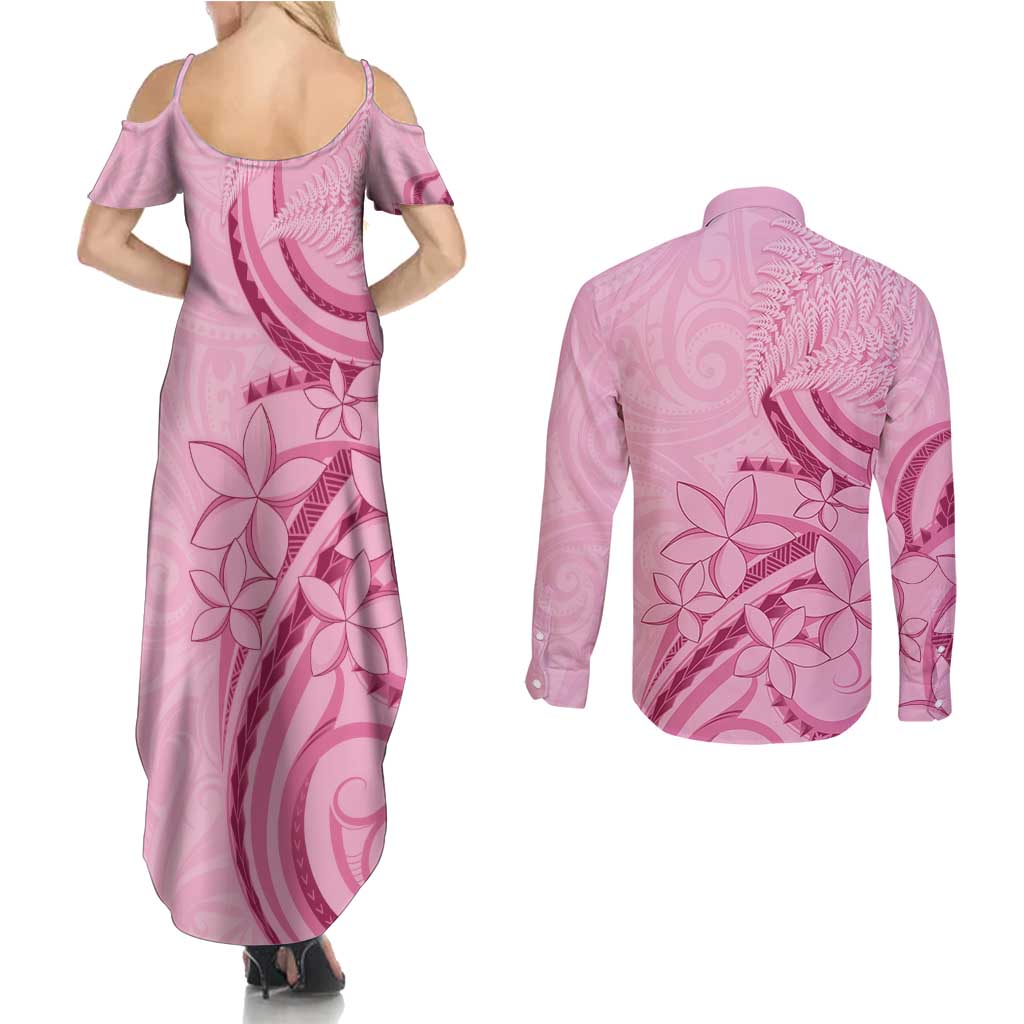 Aotearoa Maori Couples Matching Summer Maxi Dress and Long Sleeve Button Shirt Pink Fern Ribbons - Aussie Hoodie
