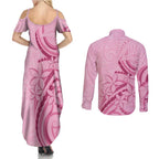 Aotearoa Maori Couples Matching Summer Maxi Dress and Long Sleeve Button Shirt Pink Fern Ribbons - Aussie Hoodie