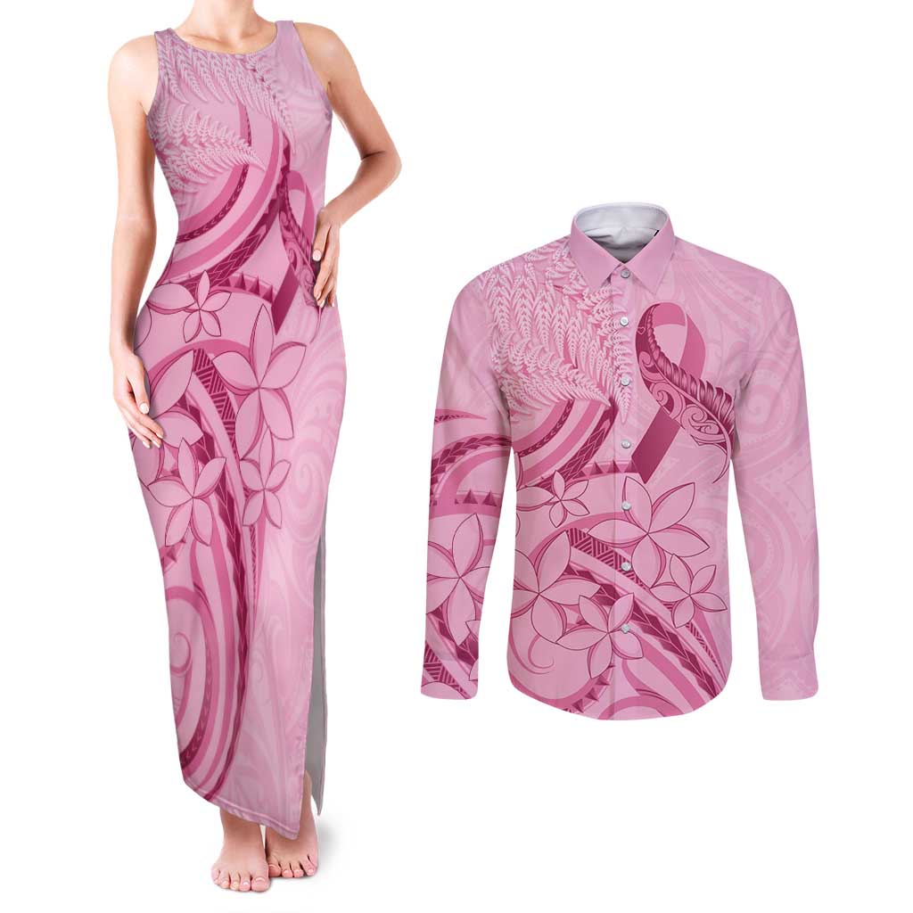 Aotearoa Maori Couples Matching Tank Maxi Dress and Long Sleeve Button Shirt Pink Fern Ribbons - Aussie Hoodie