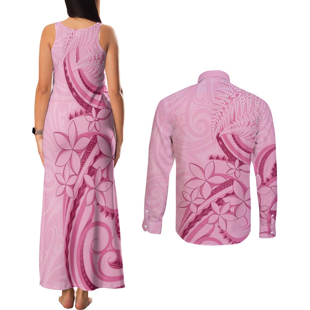 Aotearoa Maori Couples Matching Tank Maxi Dress and Long Sleeve Button Shirt Pink Fern Ribbons - Aussie Hoodie