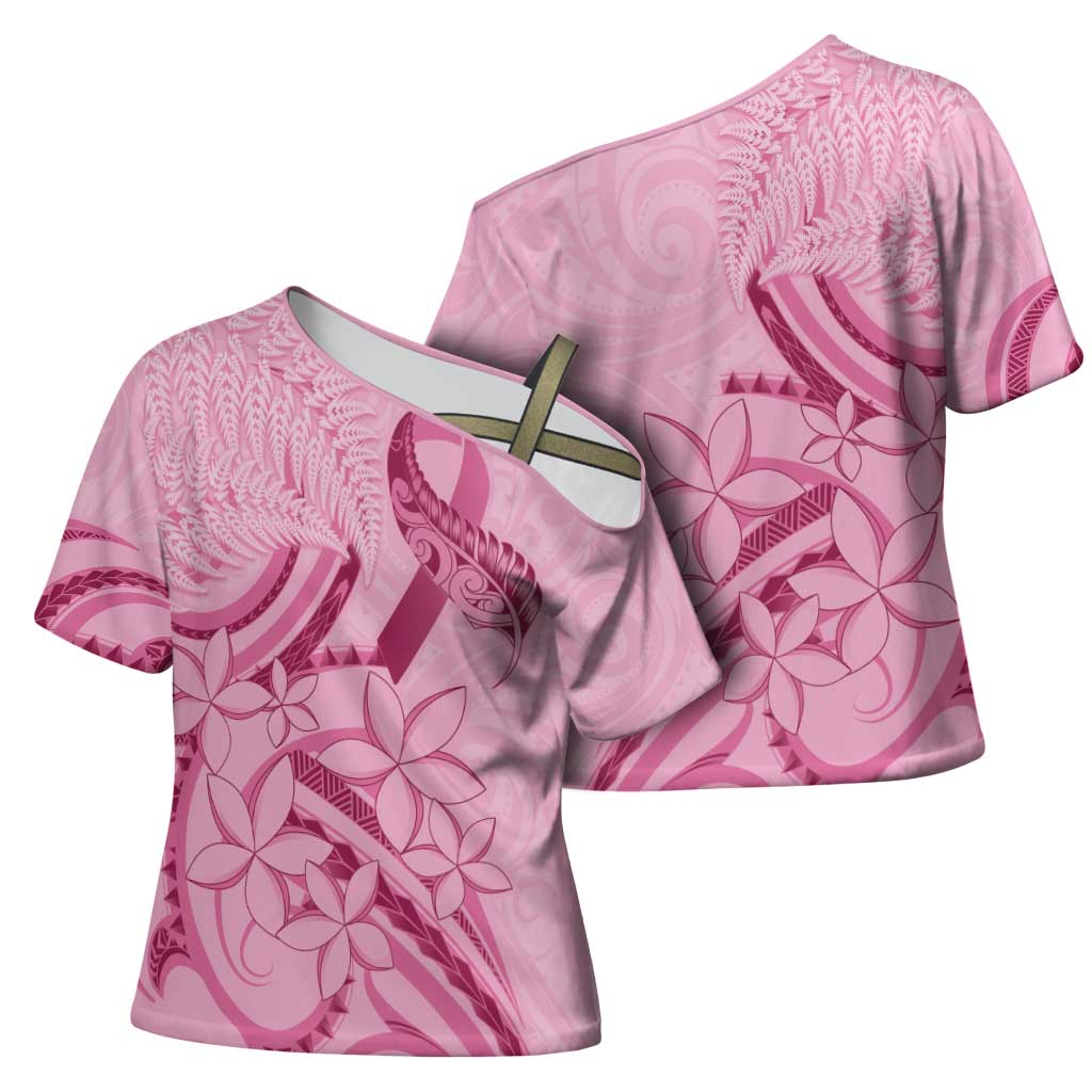 Aotearoa Maori Cross Shoulder Shirt Pink Fern Ribbons - Aussie Hoodie