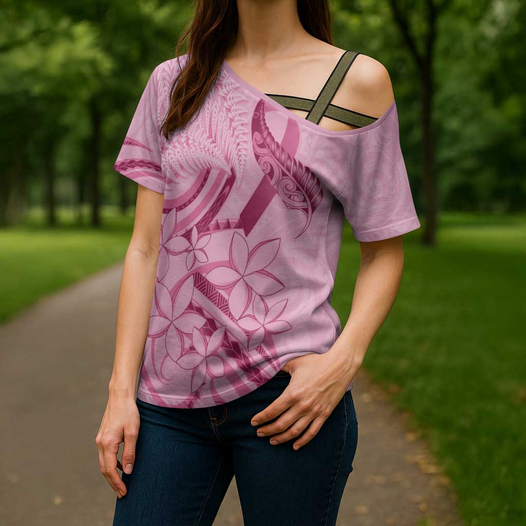 Aotearoa Maori Cross Shoulder Shirt Pink Fern Ribbons - Aussie Hoodie