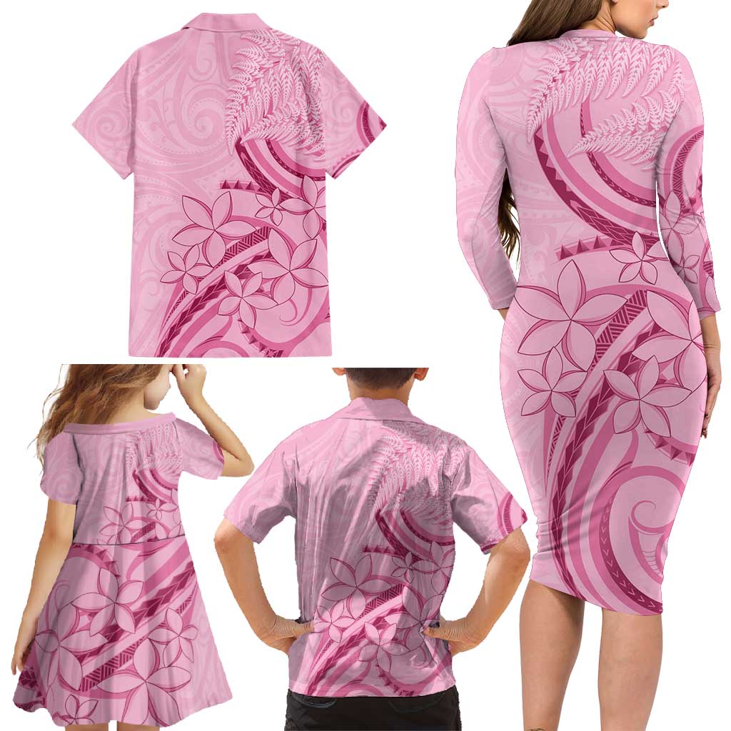 Aotearoa Maori Family Matching Long Sleeve Bodycon Dress and Hawaiian Shirt Pink Fern Ribbons - Aussie Hoodie