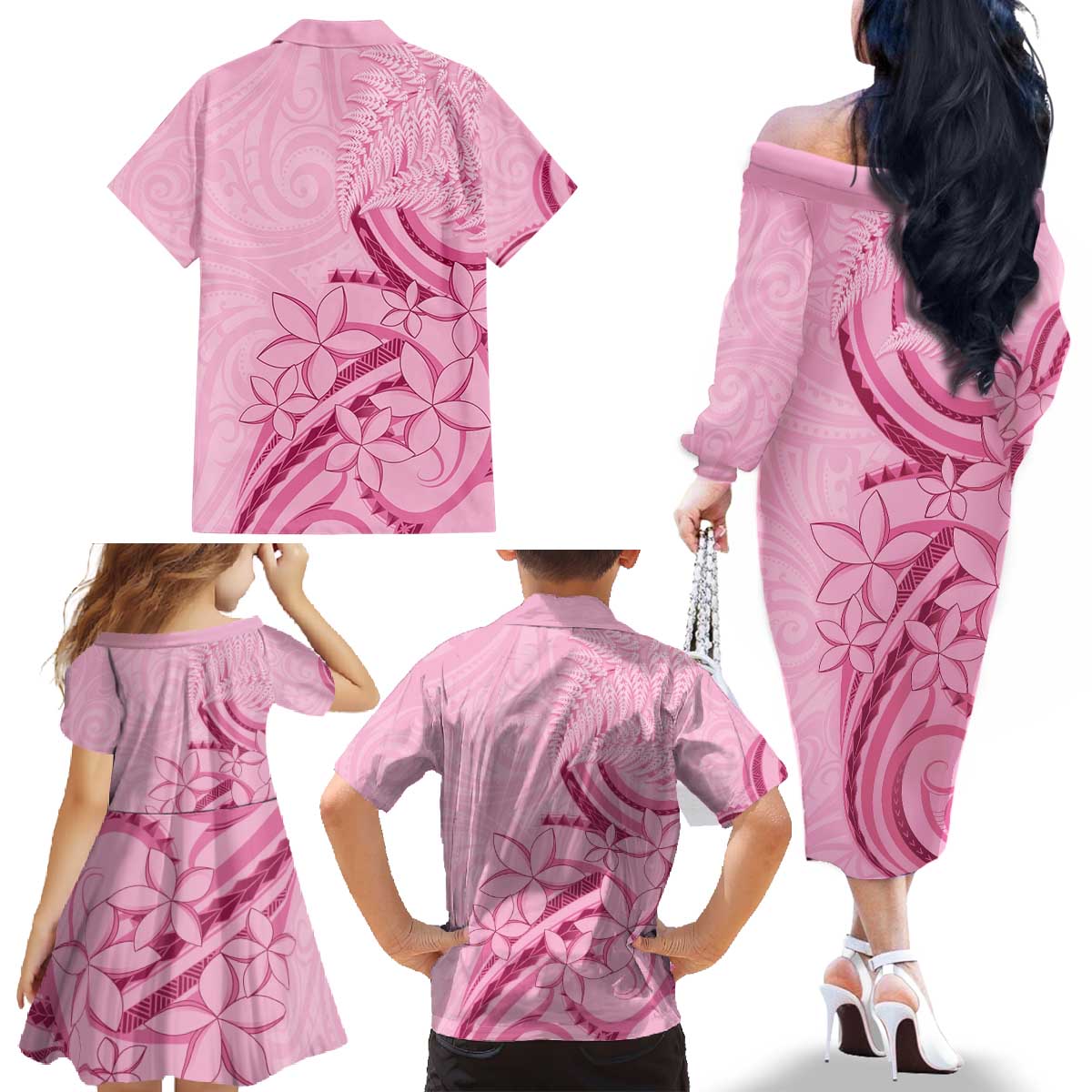 Aotearoa Maori Family Matching Off The Shoulder Long Sleeve Dress and Hawaiian Shirt Pink Fern Ribbons - Aussie Hoodie