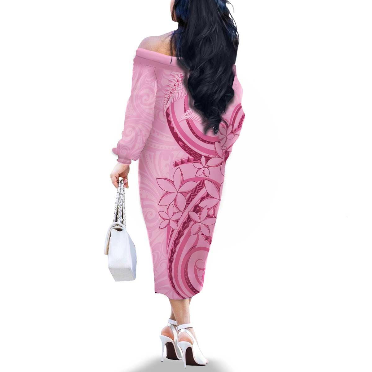 Aotearoa Maori Family Matching Off The Shoulder Long Sleeve Dress and Hawaiian Shirt Pink Fern Ribbons - Aussie Hoodie