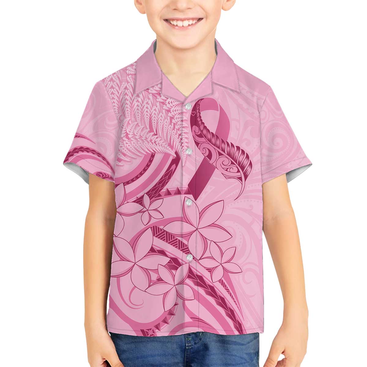 Aotearoa Maori Family Matching Off The Shoulder Long Sleeve Dress and Hawaiian Shirt Pink Fern Ribbons - Aussie Hoodie