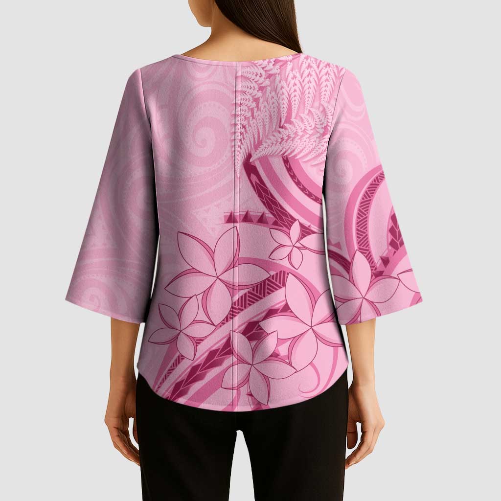 Aotearoa Maori Kimono Sleeve Blouse Pink Fern Ribbons - Aussie Hoodie