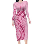 Aotearoa Maori Long Sleeve Bodycon Dress Pink Fern Ribbons - Aussie Hoodie