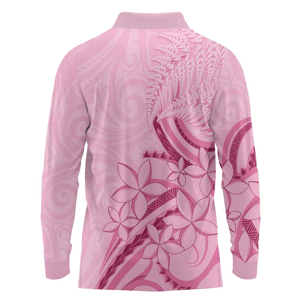 Aotearoa Maori Long Sleeve Polo Shirt Pink Fern Ribbons - Aussie Hoodie