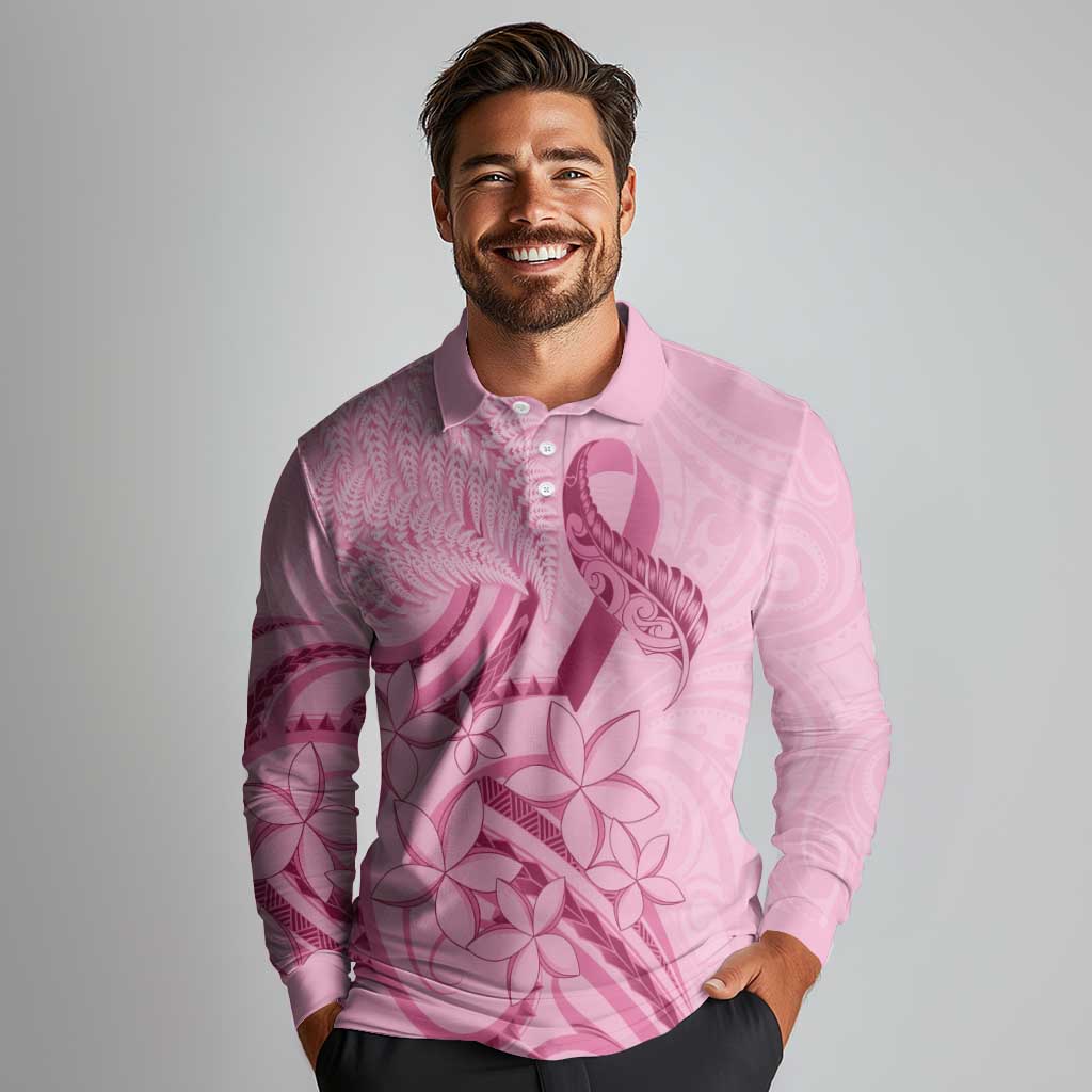 Aotearoa Maori Long Sleeve Polo Shirt Pink Fern Ribbons - Aussie Hoodie