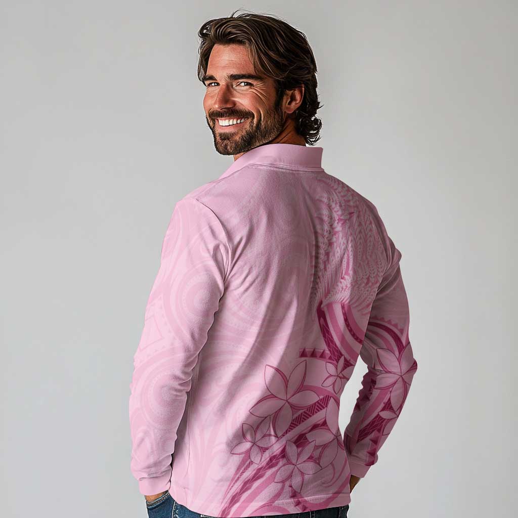 Aotearoa Maori Long Sleeve Polo Shirt Pink Fern Ribbons - Aussie Hoodie