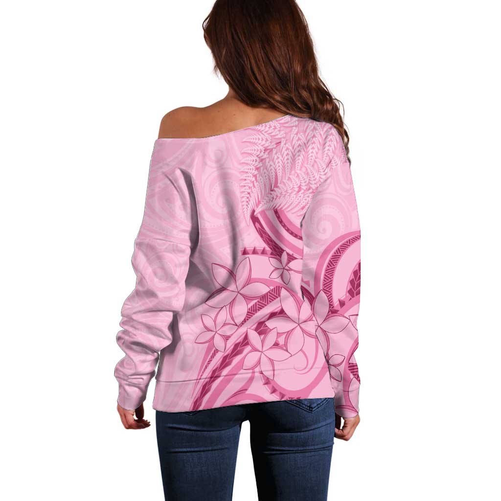 Aotearoa Maori Off Shoulder Sweater Pink Fern Ribbons - Aussie Hoodie