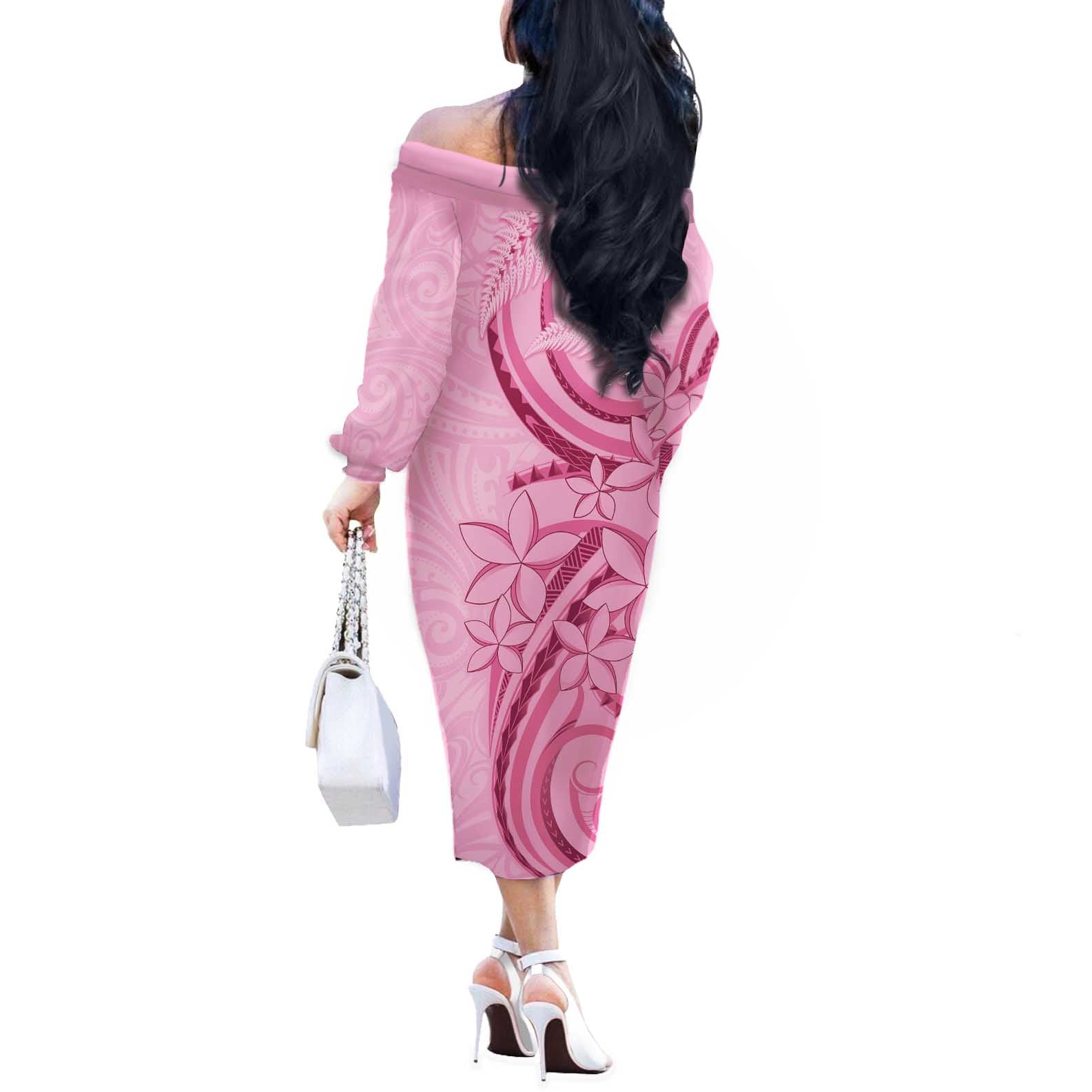 Aotearoa Maori Off The Shoulder Long Sleeve Dress Pink Fern Ribbons - Aussie Hoodie