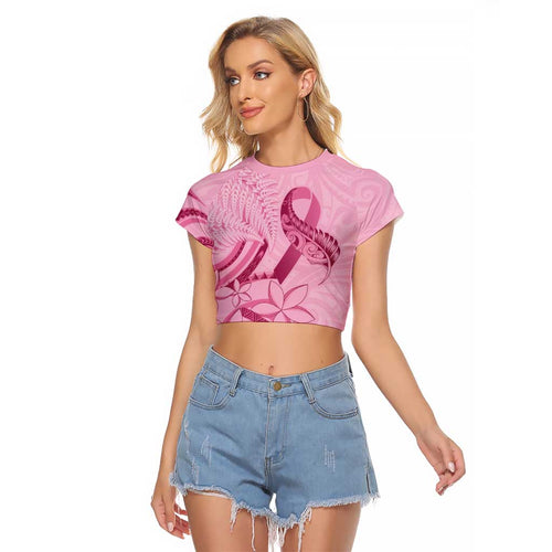 Aotearoa Maori Raglan Cropped T Shirt Pink Fern Ribbons - Aussie Hoodie