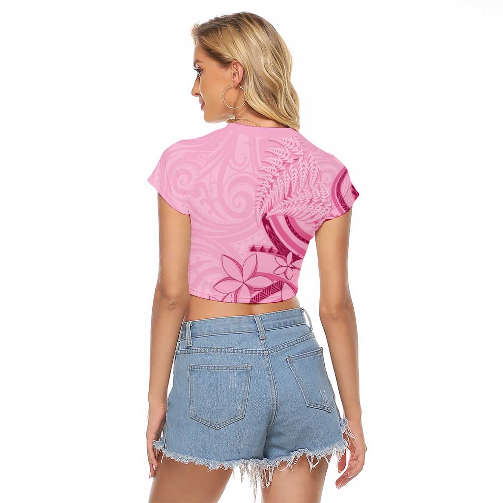 Aotearoa Maori Raglan Cropped T Shirt Pink Fern Ribbons - Aussie Hoodie