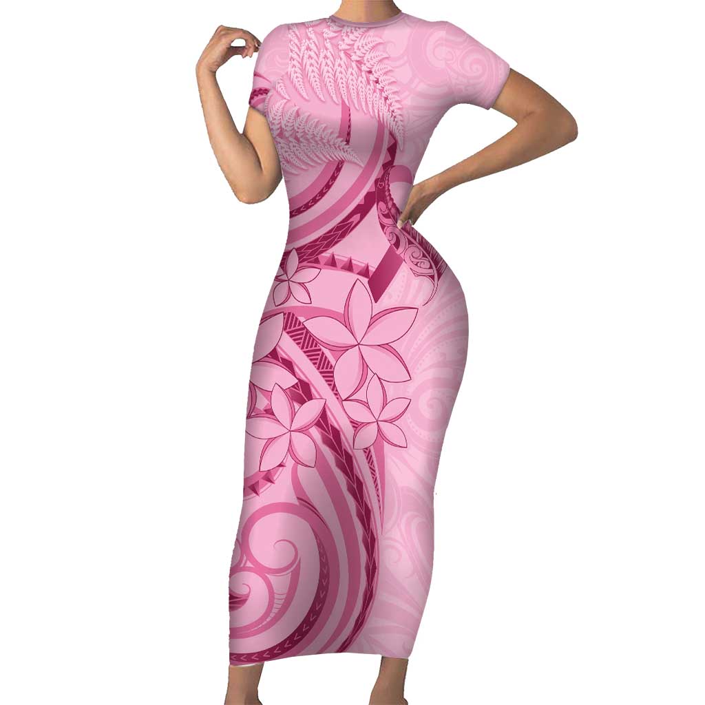 Aotearoa Maori Short Sleeve Bodycon Dress Pink Fern Ribbons - Aussie Hoodie