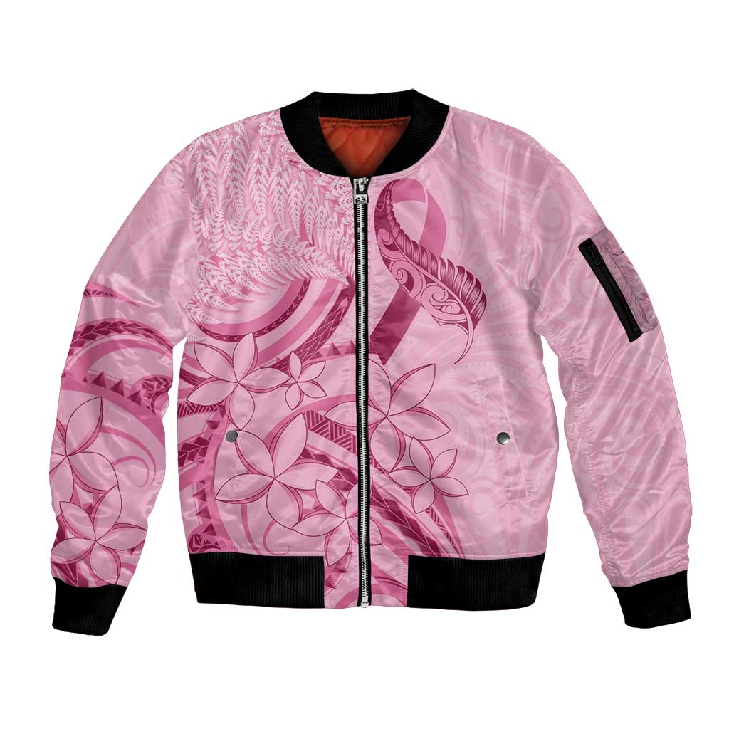Aotearoa Maori Sleeve Zip Bomber Jacket Pink Fern Ribbons - Aussie Hoodie